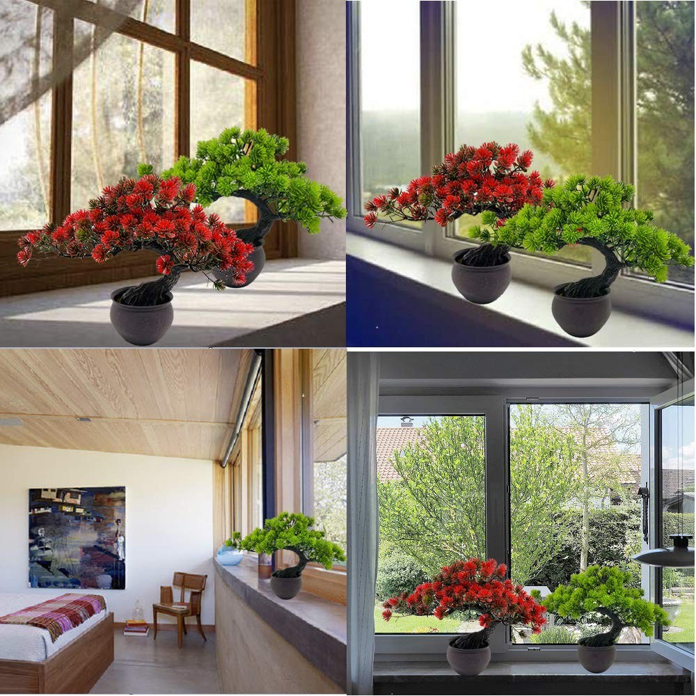 Fycooler Artificial Bonsai Tree Miniature Plants 10in, Green