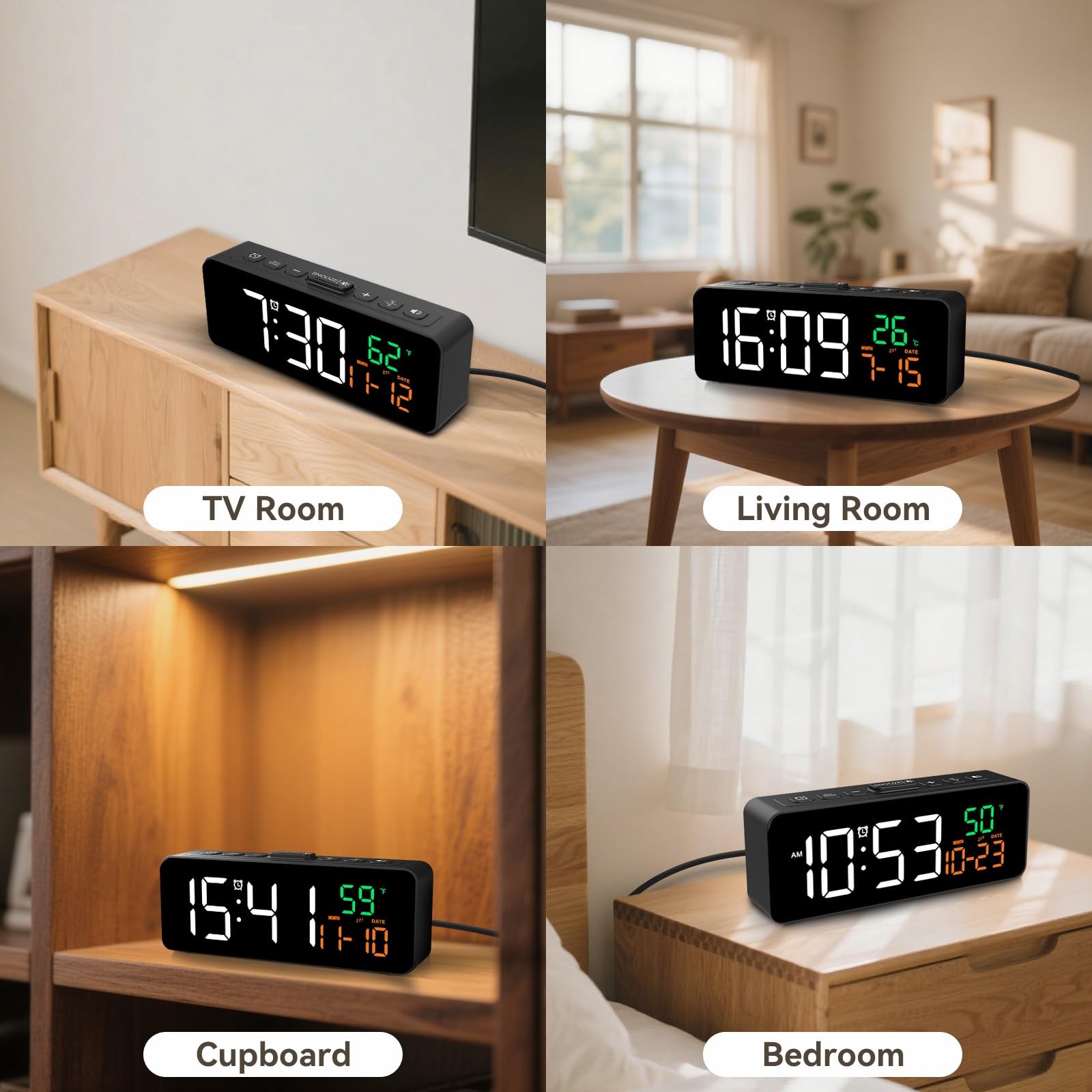 3-in-1 Digital Clocks for Living Room with Temperature, Date & Time Display -…