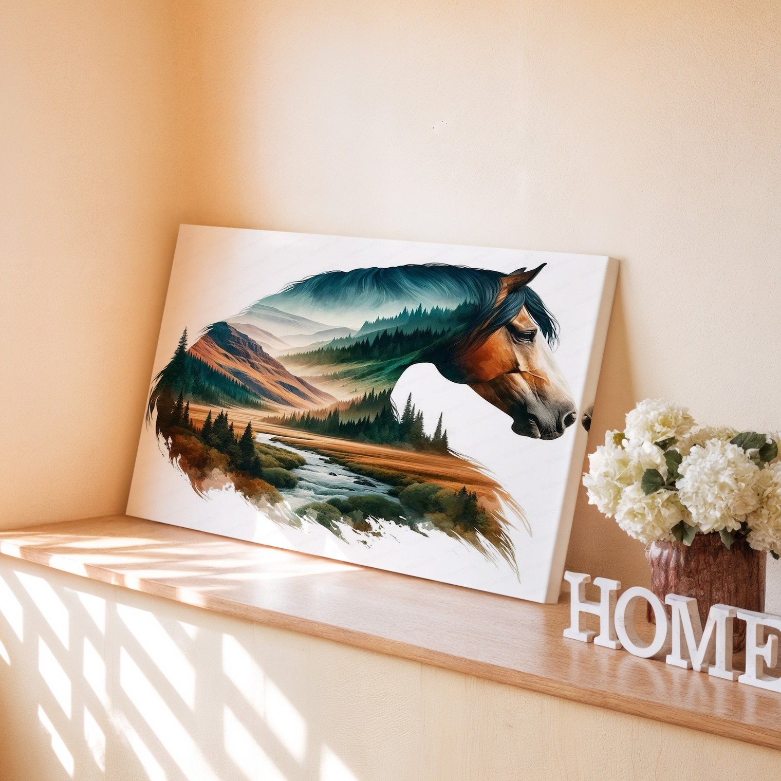 Horse and Mountain Landscape Canvas Wall Art Nature Scene River Forest Print