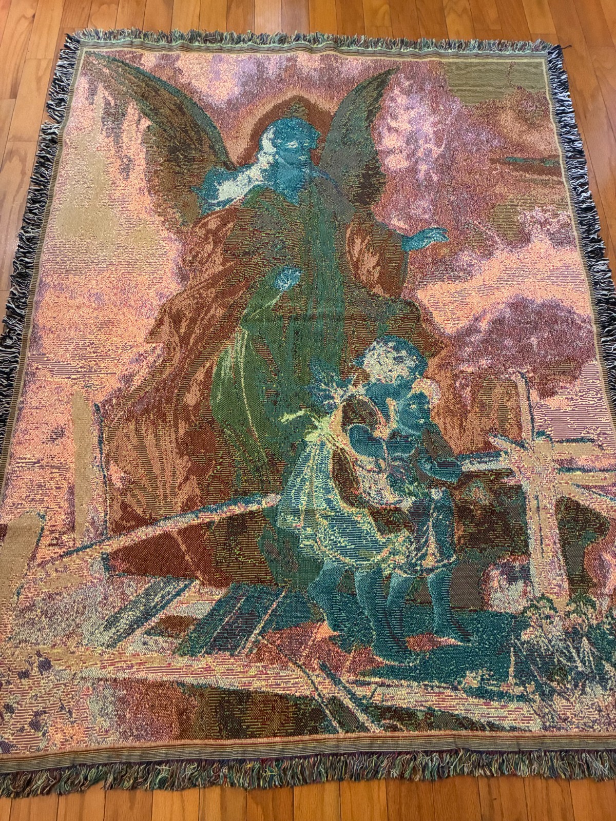 Dicksons GUARDIAN ANGEL TAPESTRY BLANKET Throw 68×52 Fringed NOS Cotton Children