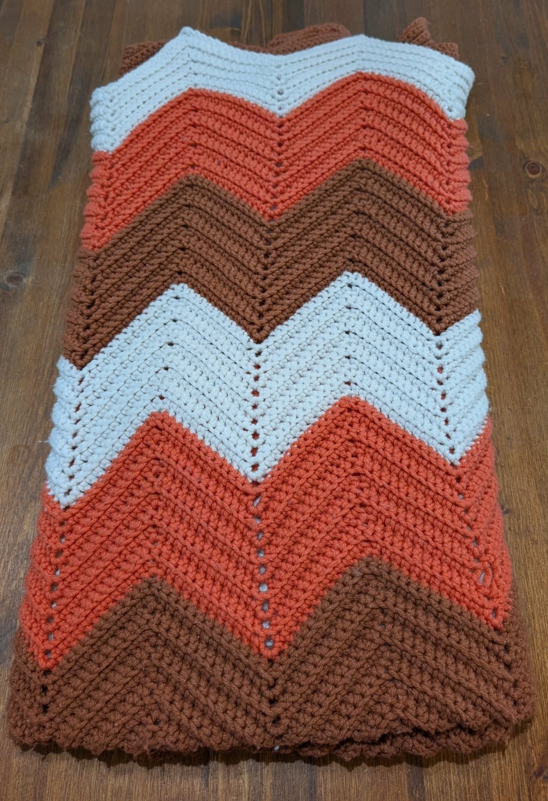 Retro Handmade Brown & Orange Herringbone Zig Zag Crochet Afghan Blanket 52″x50″