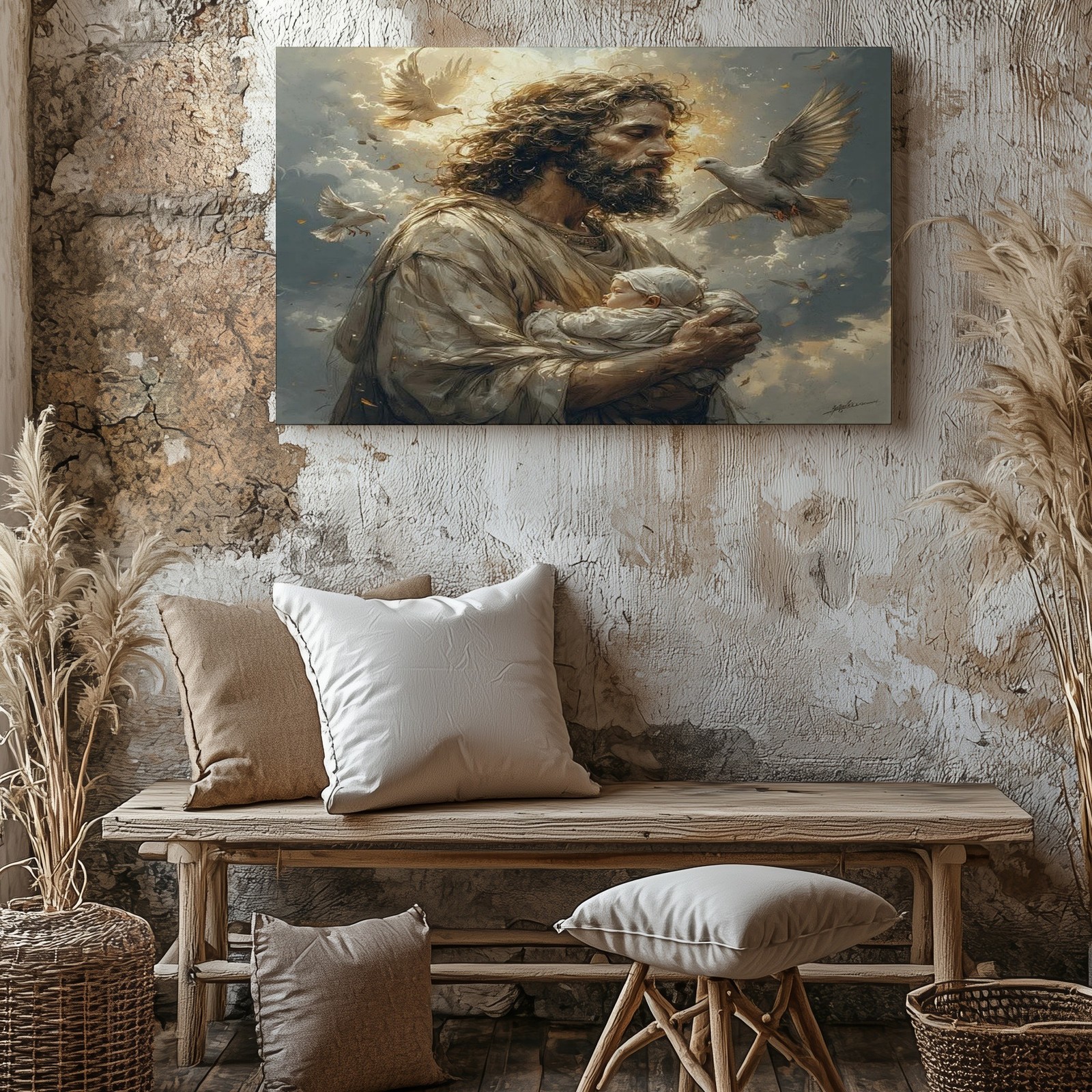 Jesus Holding Baby with Glowing Light and White Doves Spiritual Canvas Art Decor