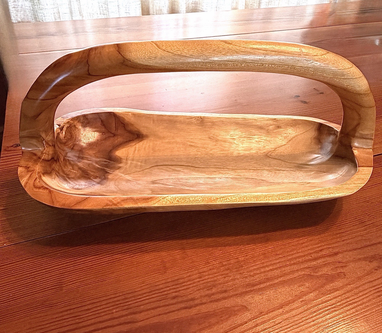 Handcarved Decorative Rustic Wooden Oval Bowl Basket Centerpiece Fruit Bowl NICE
