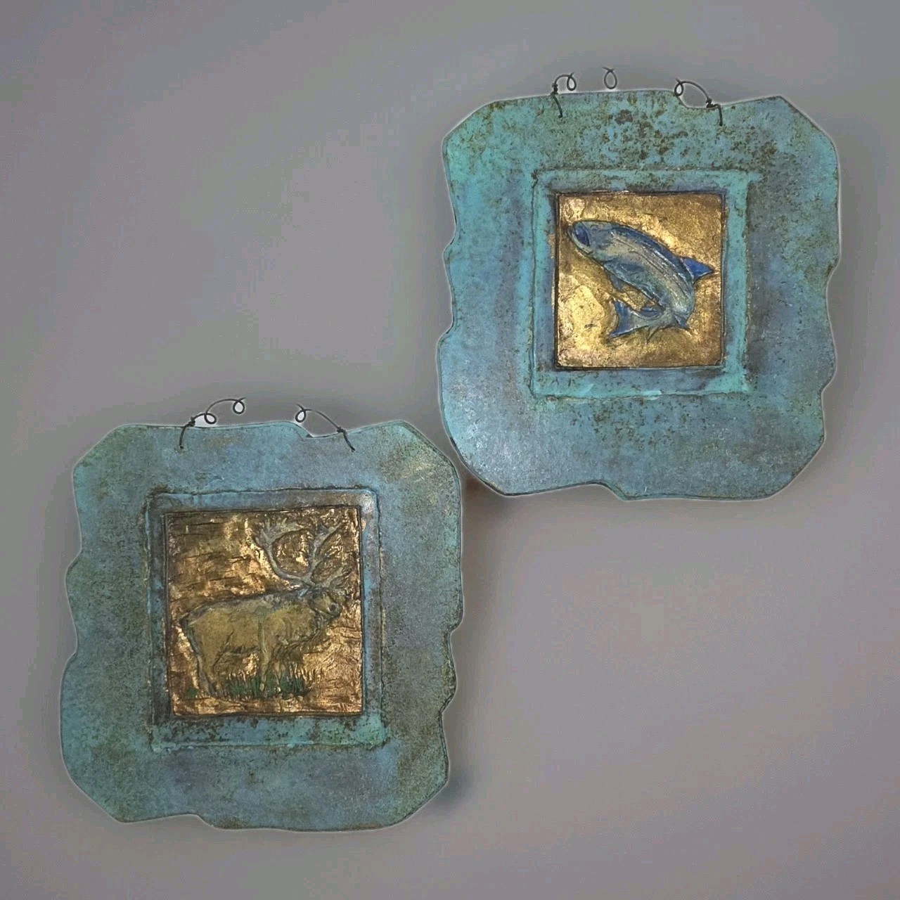 Jeanne Dana Cold Bronze Plaques Wall Art Salmon Caribou Elk Mixed Media 2 Pieces