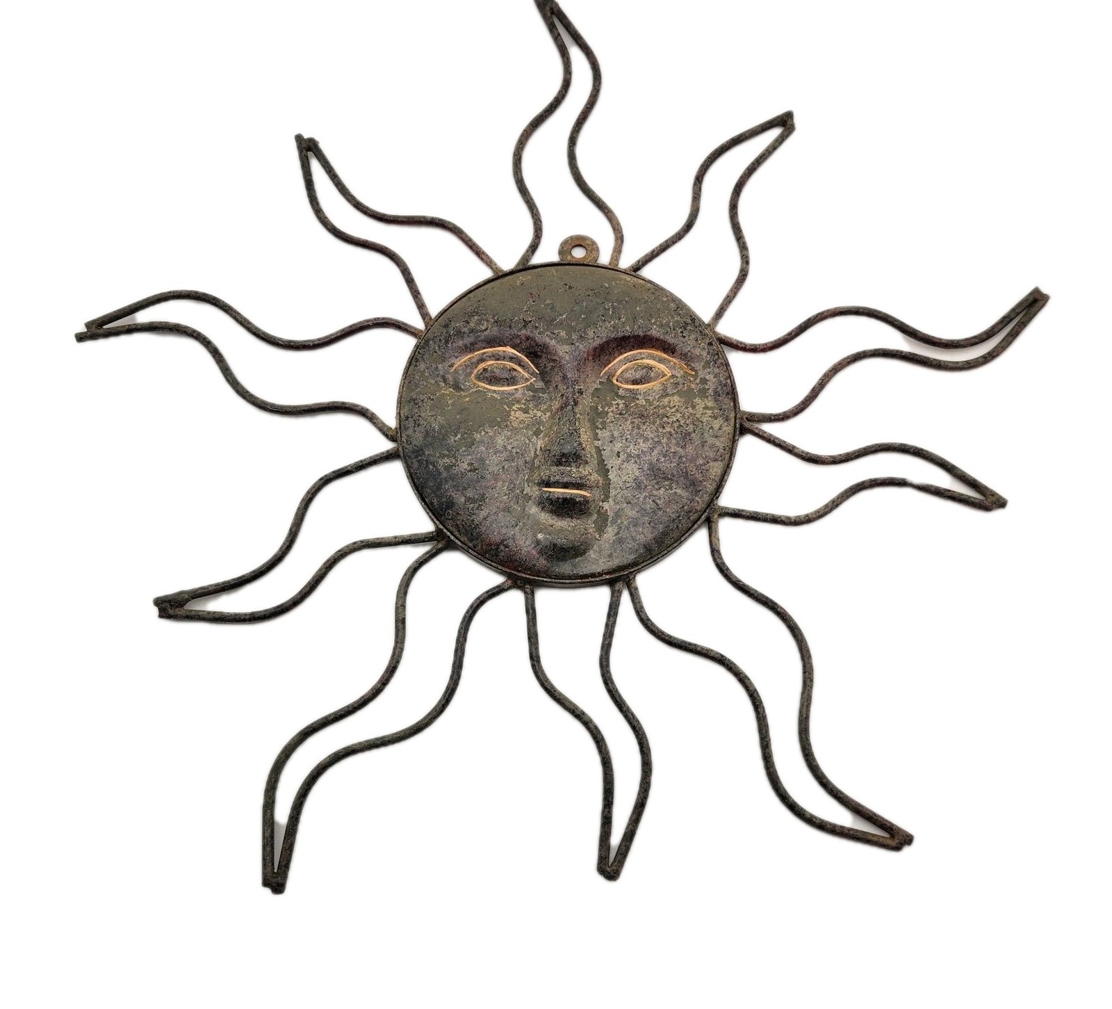 Vintage Metal Sun Face Wall Art Hanging Rustic Garden Dark Patina Whimsigoth 20″