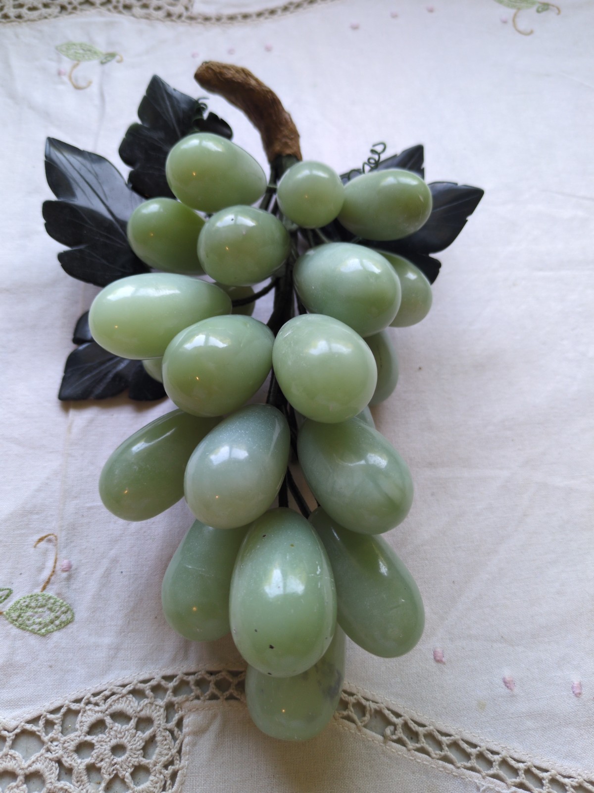 Vintage 1960’s Carved Celadon Green Genuine Jade Grapes Cluster 9.5″