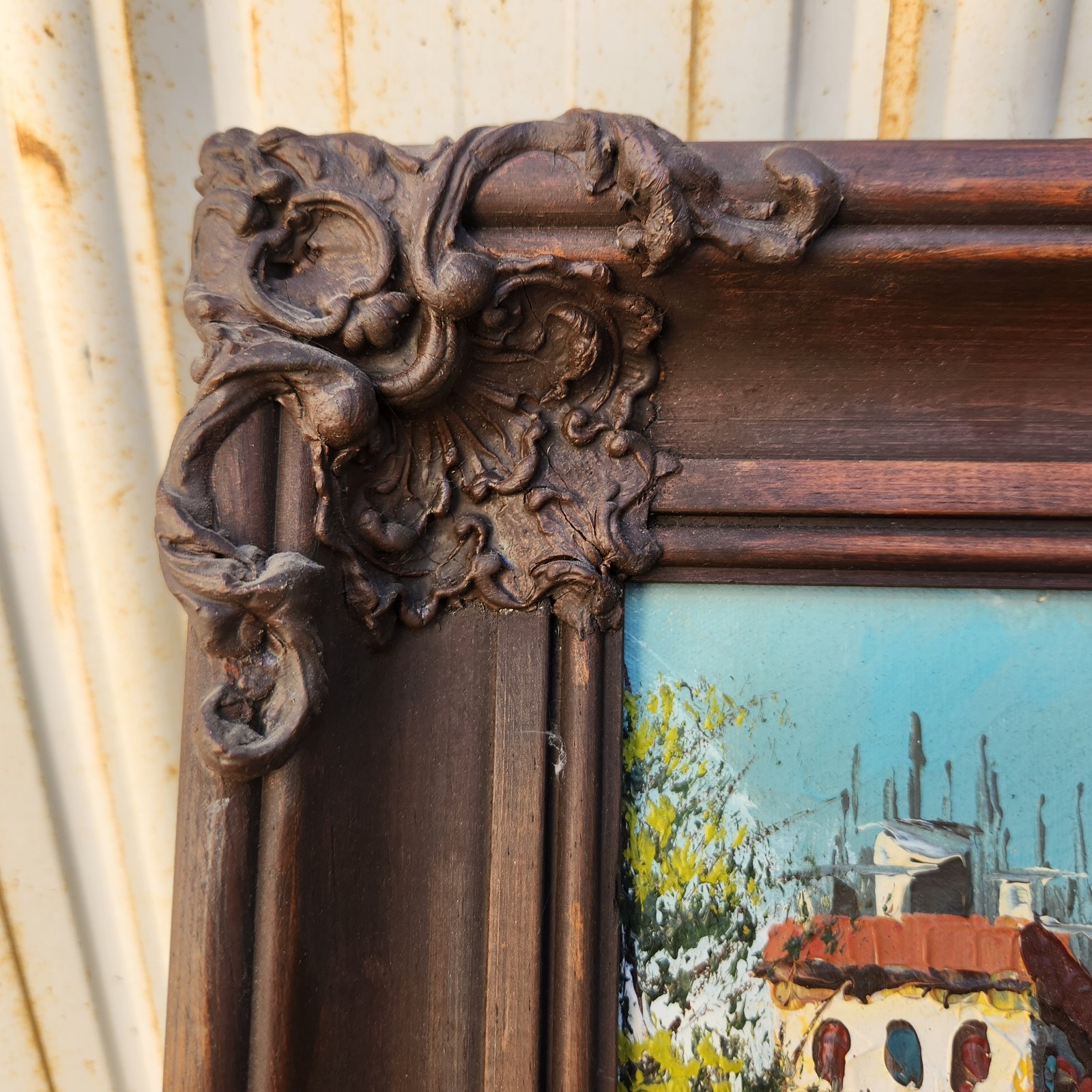 Vintage Impasto Paris Street Scene Oil Painting Ornate Heavy Carved Wood Frame