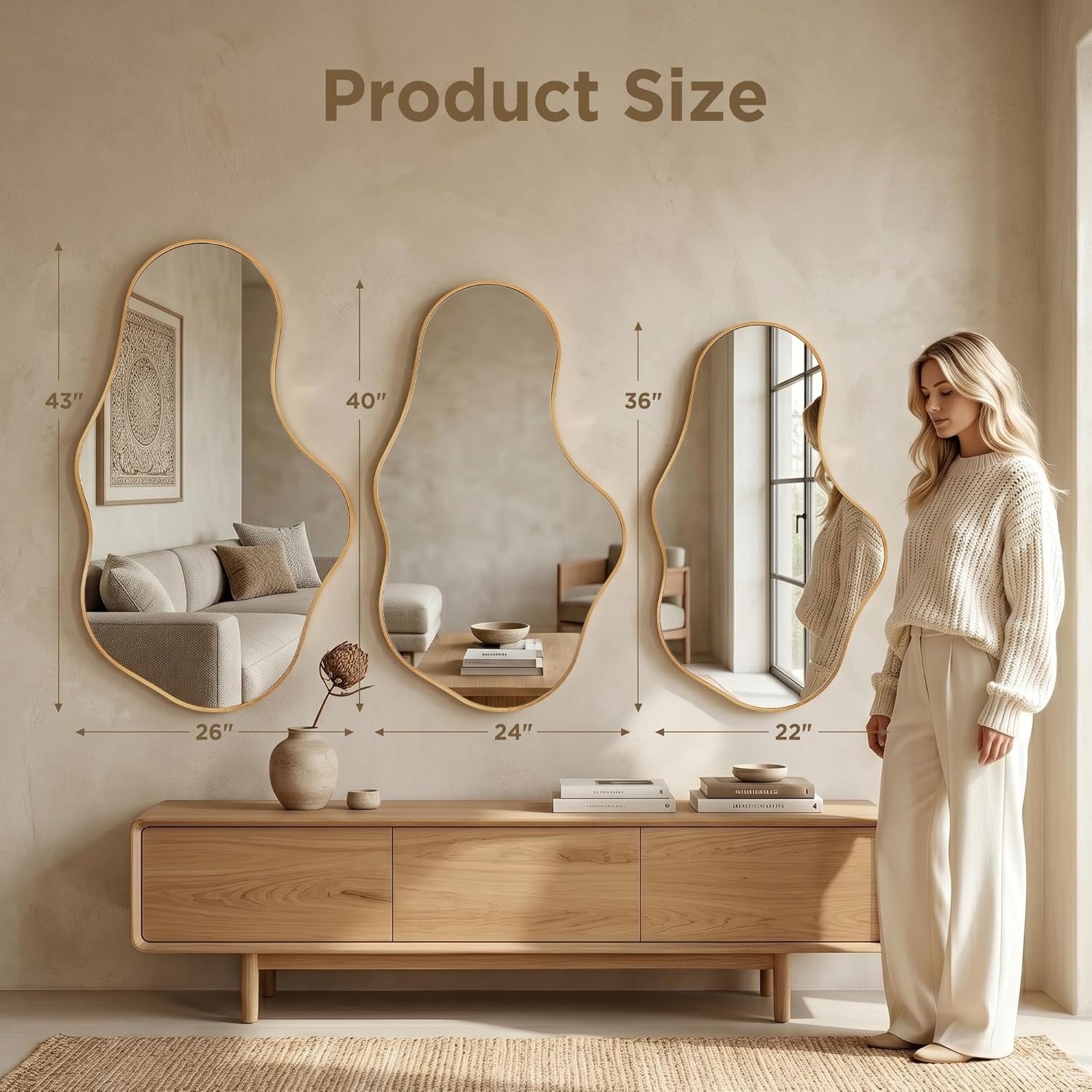 Irregular Wall Mirror, 22″x36″ Gold Abstract Asymmetrical Mirrors for Wall, Deco