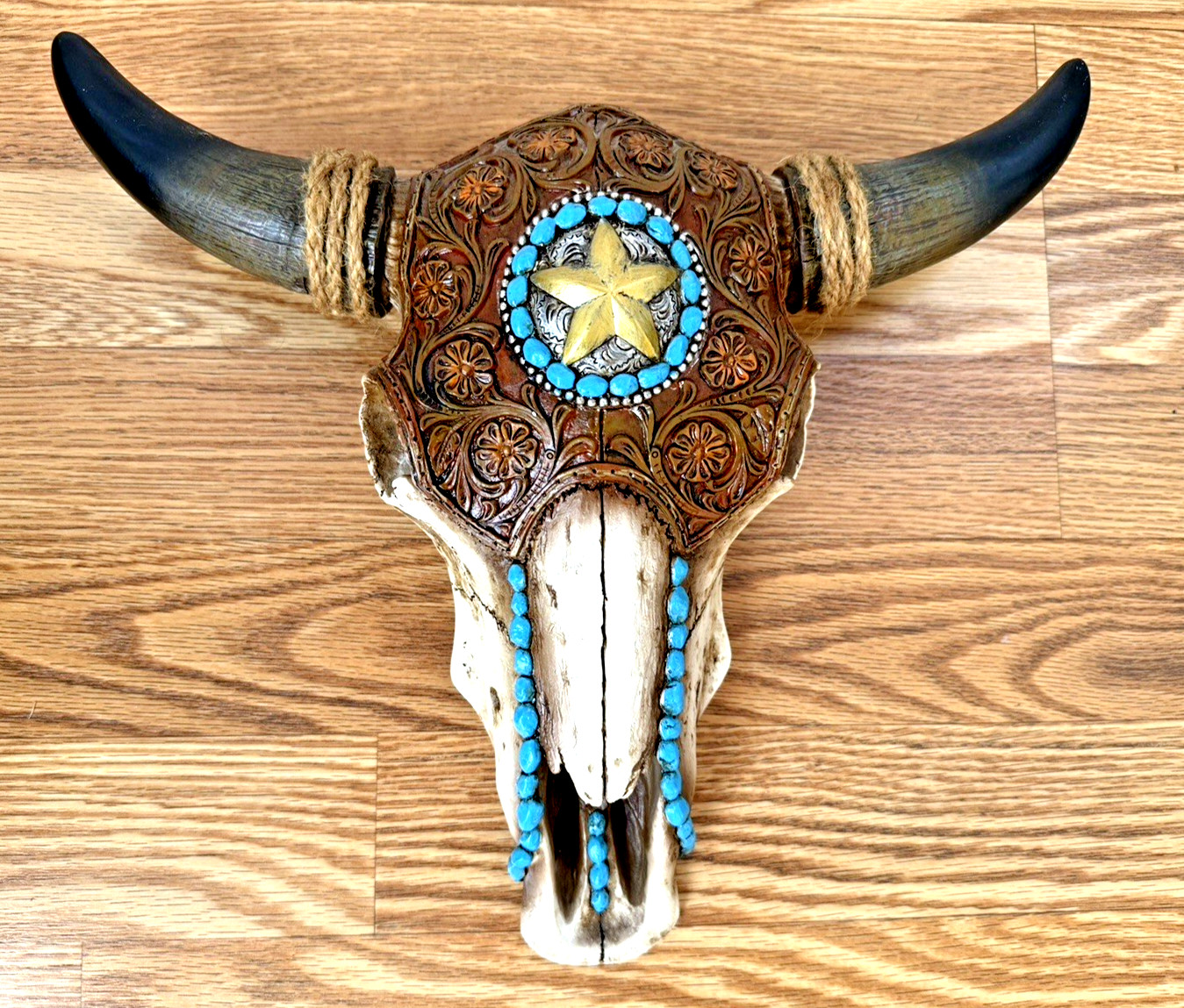 Bull Steer Bison Horned Skull w/Tooled Faux Leather Southwest Western Wall Decor