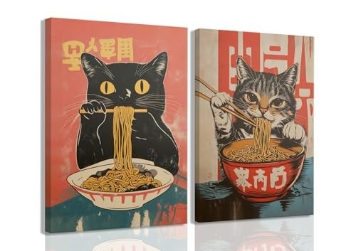 Whimsical Black Cat Eating Ramen Canvas Art Set of 2 – Unique Gift