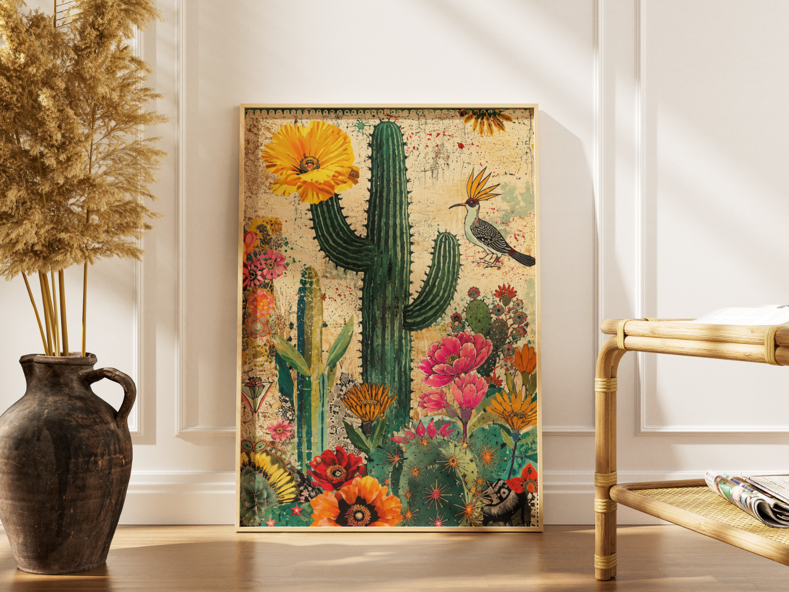 Vintage Desert Landscape Poster – Cactus and Bird Art Print – Boho Wall Decor