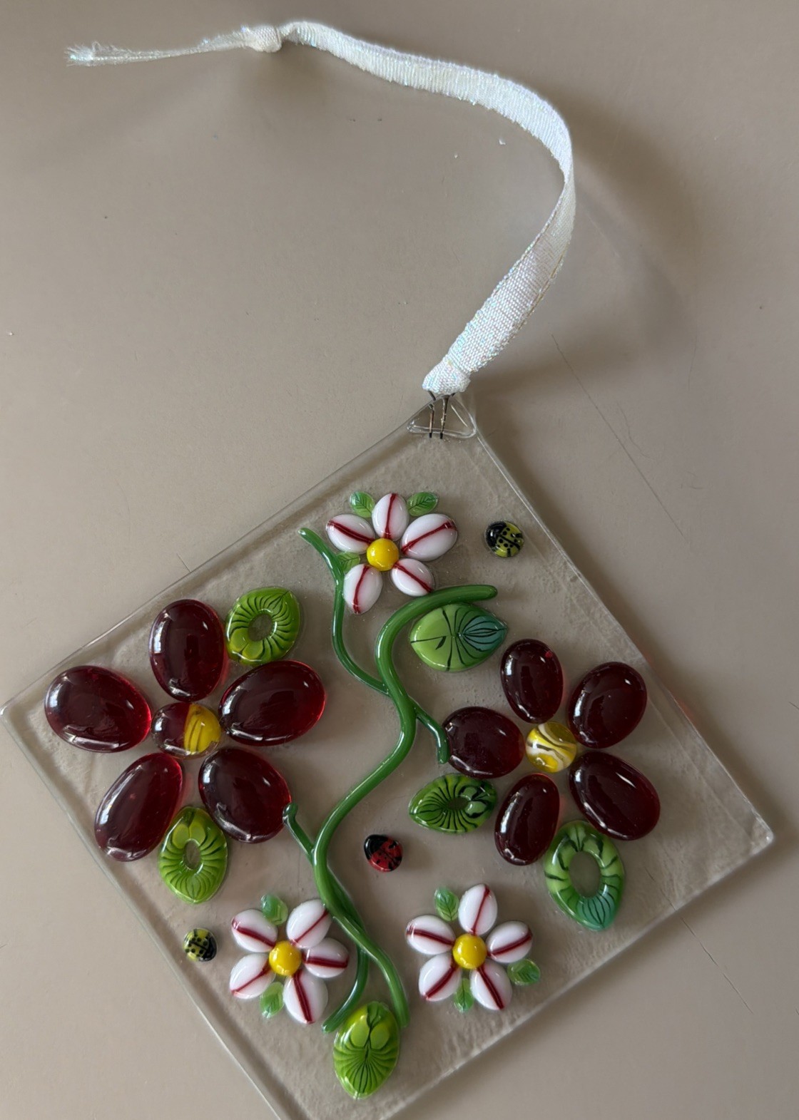 Fused Glass Handmade Diamond Shaped Multicolored Sun Catcher Signed By Artist