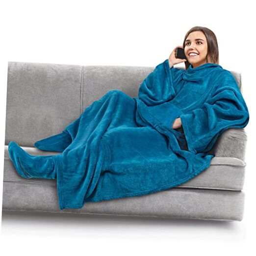 Blanket with Sleeves, Foot Pockets for Women Men Adults, Plush Fleece Sea Blue