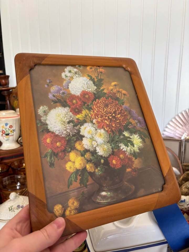 Vintage Floral Still Life Print in Mid-Century Wood Frame Cottagecore Home Décor