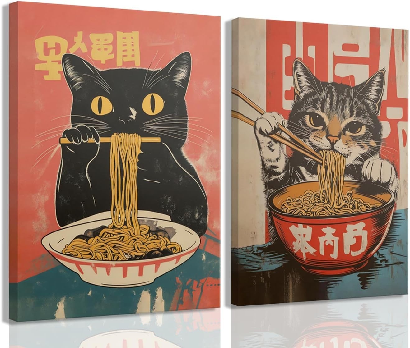 Whimsical Black Cat Eating Ramen Canvas Art Set of 2 – Unique Gift