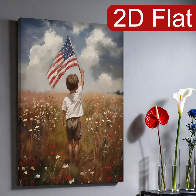Boy Holding American Flag in Wildflower Field Canvas Wall Art, Patriotic Decor