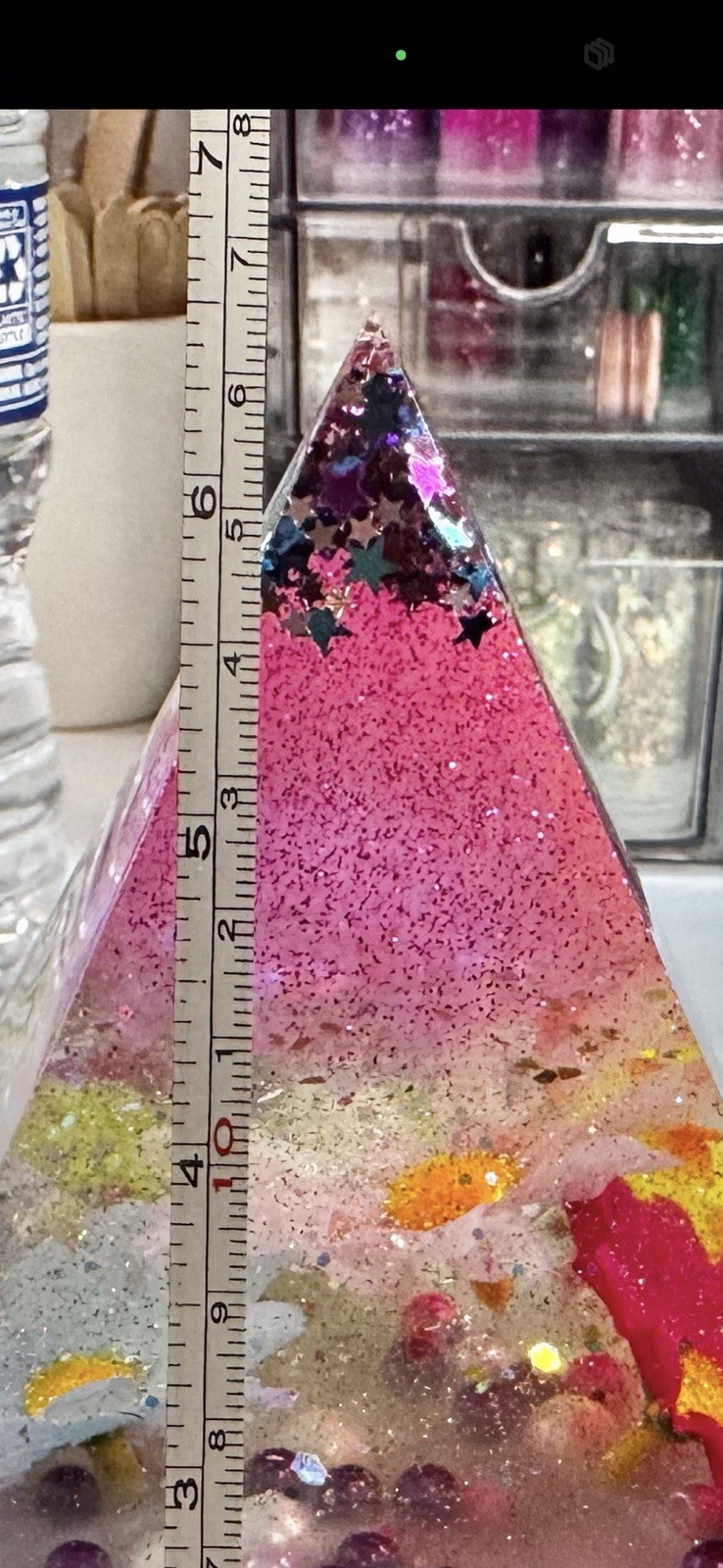 Resin Decorative Pyramid With Embedded Flowers, Pearls, Beads And Glitter