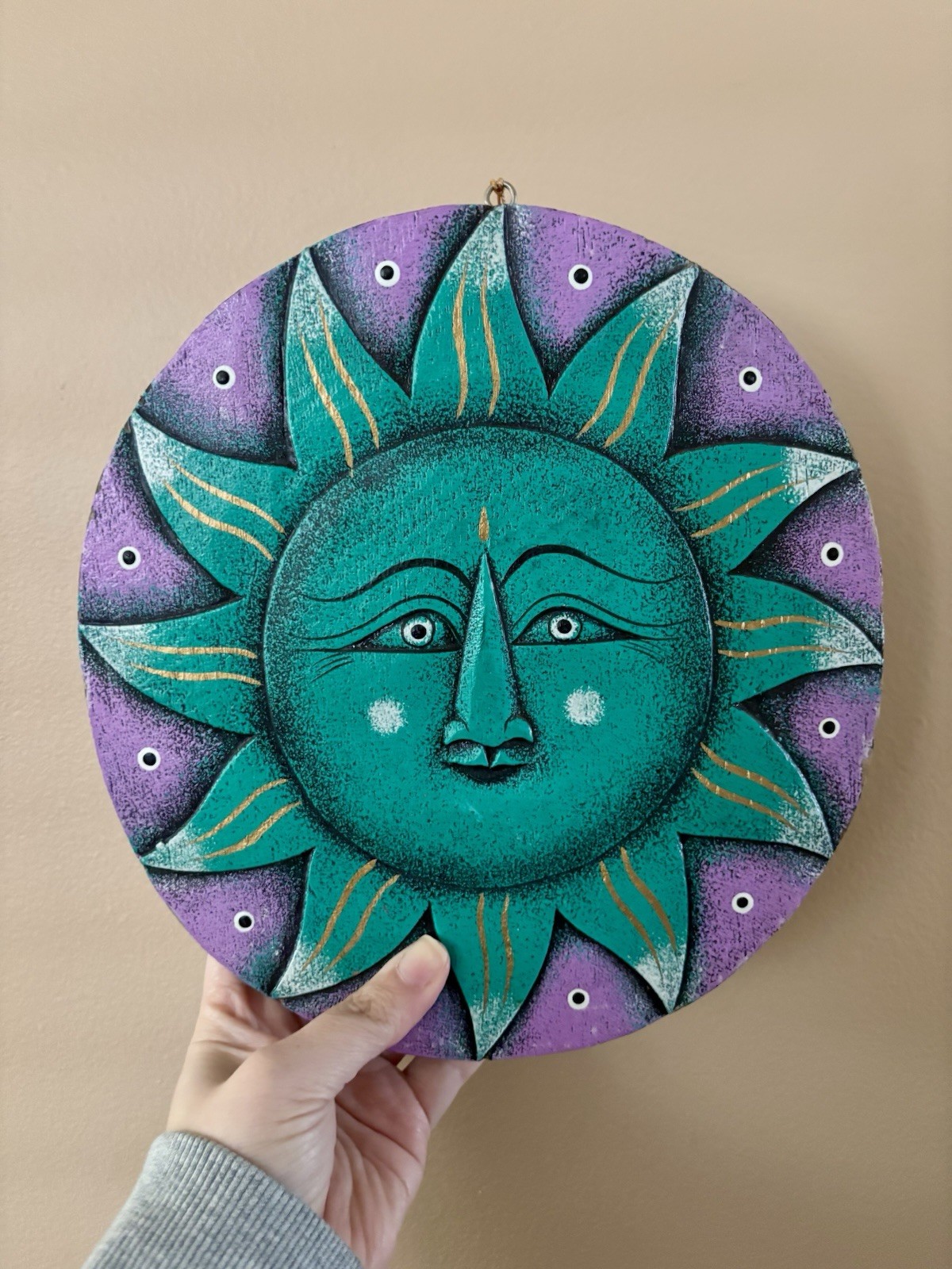 Vintage 90s y2k Wooden Celestial Sun & Moon Hanging Plaque Art Decor Purple Teal