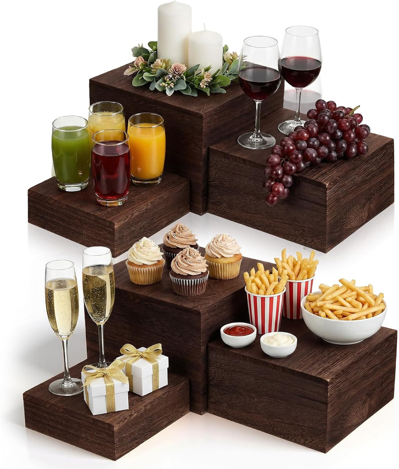Wooden Display Risers Set – 6 Pcs Stackable Rustic Stands for Events and Decor