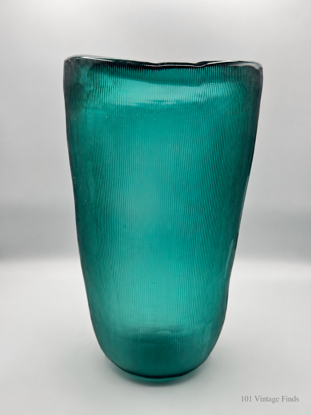 Jamie Slump Large Aqua Art Glass Vase Etched Ribbed Handcrafted Modern Decor