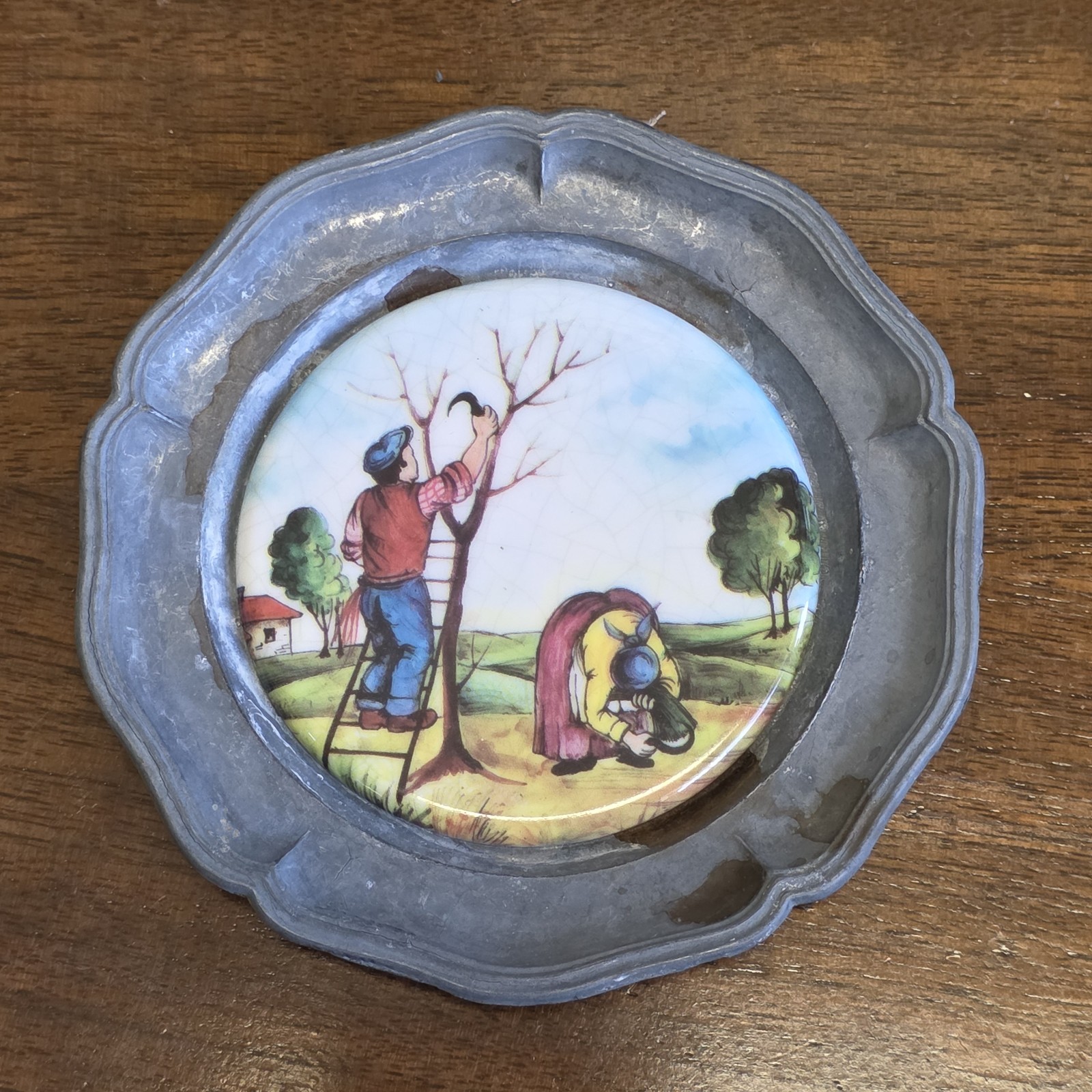 Vintage Pewter Wall Plaque Set 4 Ceramic Folk Art Peasant Scene Hanging Decor