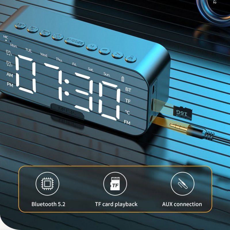 Portable Digital Alarm Clock FM Radio Wireless Bluetooth Mirror LED With Speaker