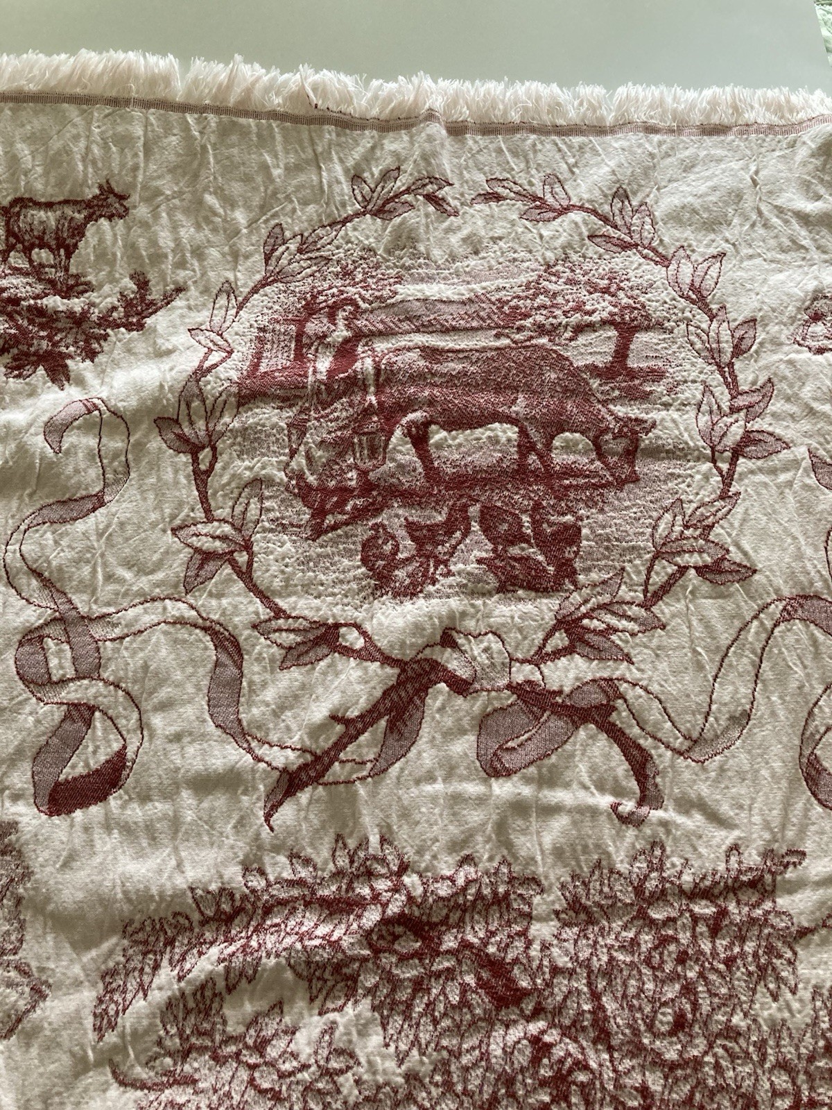 Vintage Red Toile 100% Cotton Tapestry Throw Blanket Farm Countryside Fringe