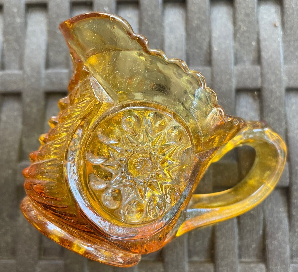 Vintage MINIATURE Kemple Wheaton Pressed AMBER Glass Pitcher – 2 inch Tall