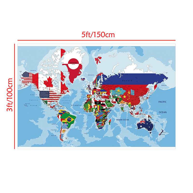 WORLD MAP COUNTRIES FLAGS POSTER WALL DECOR SIZE 59*39in