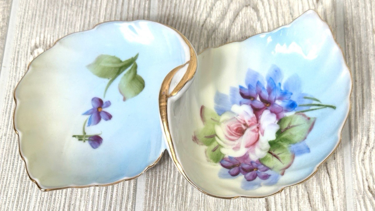 Lefton #4674 Blue Leaf Shaped Candy Trinket Dish Hand Painted Rose Flowers VTG