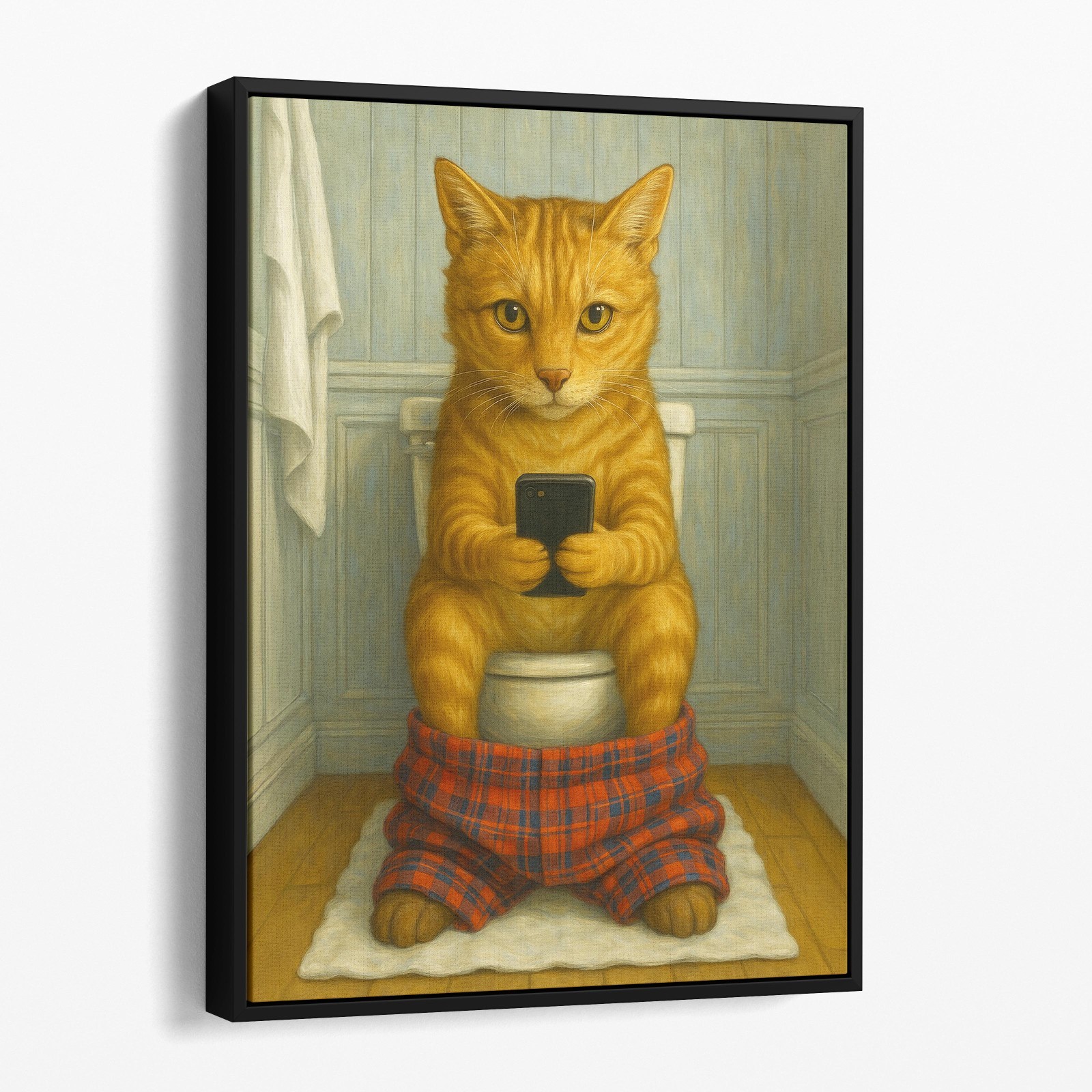 Cat On The Phone On The Toilet Funny Cats Animals Bathroom Canvas Wall Art Print