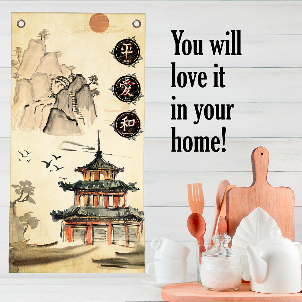 Asian Landscape Mountains – Canvas Wall Scroll Art Poster – 16″ x 32″