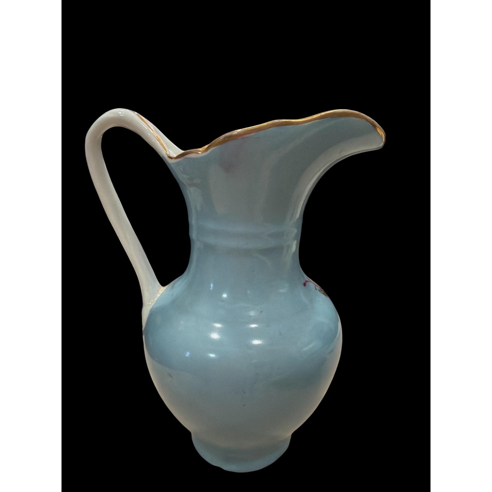 Hand Painted Porcelain Pitcher Vase: Blue Floral Roses, Gilt Trim