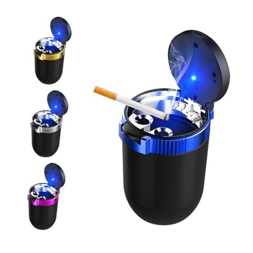 Car Ashtray with Lid, Detachable Stainless Steel Smokeless Ash Tray with Blue