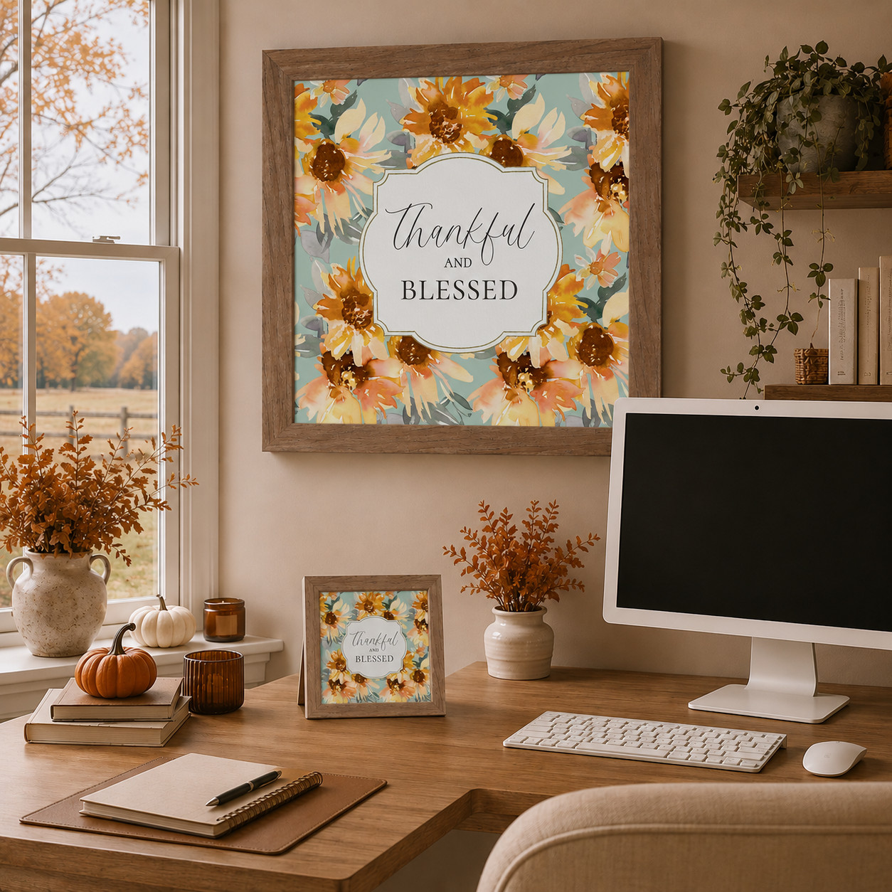 Thankful and Blessed Fall Framed Wall Art Sage Sunflower Thanksgiving Decor