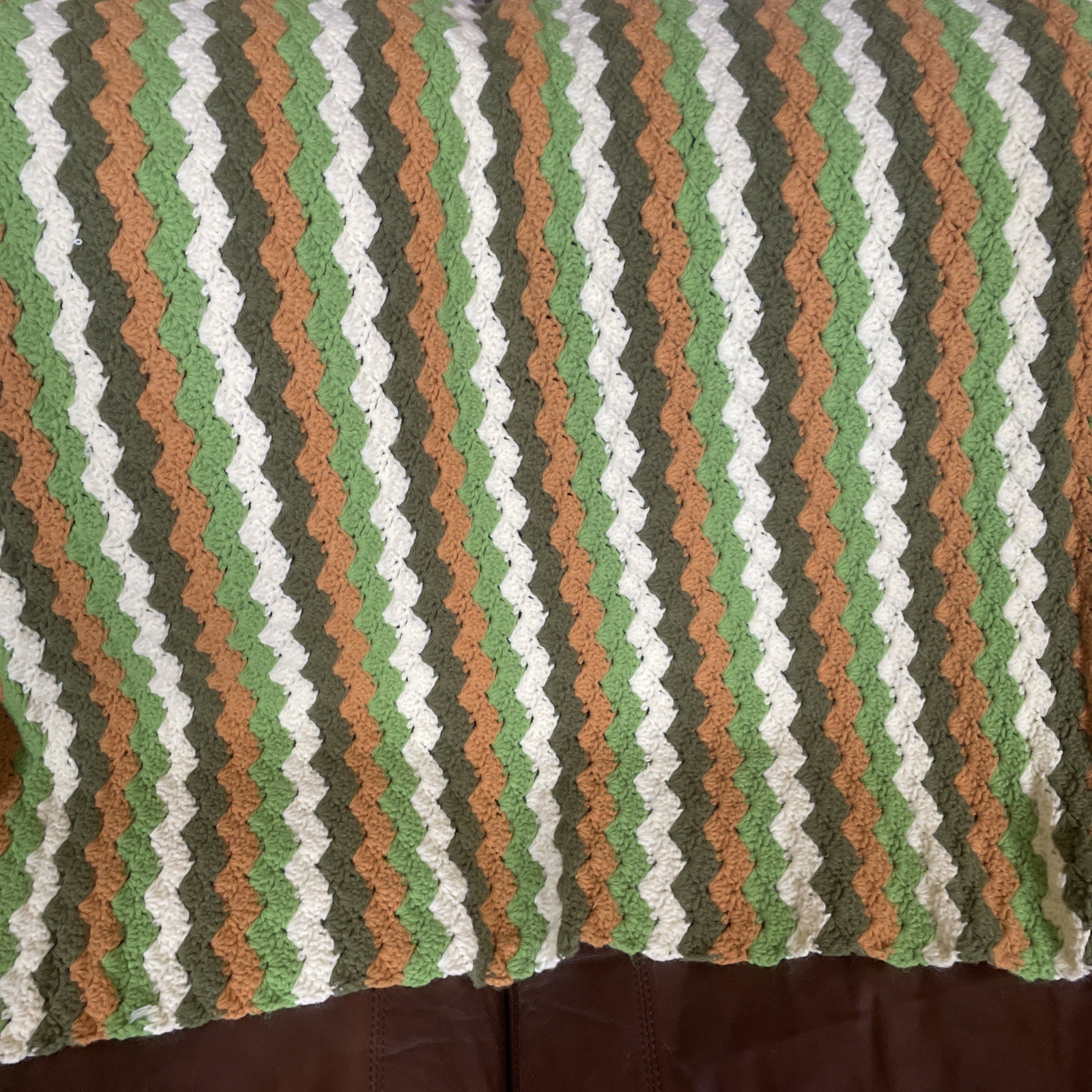 Vintage 1970s Handmade Crochet Knit Throw Lap Cover Ripple Chevron 44”X68” SOFT