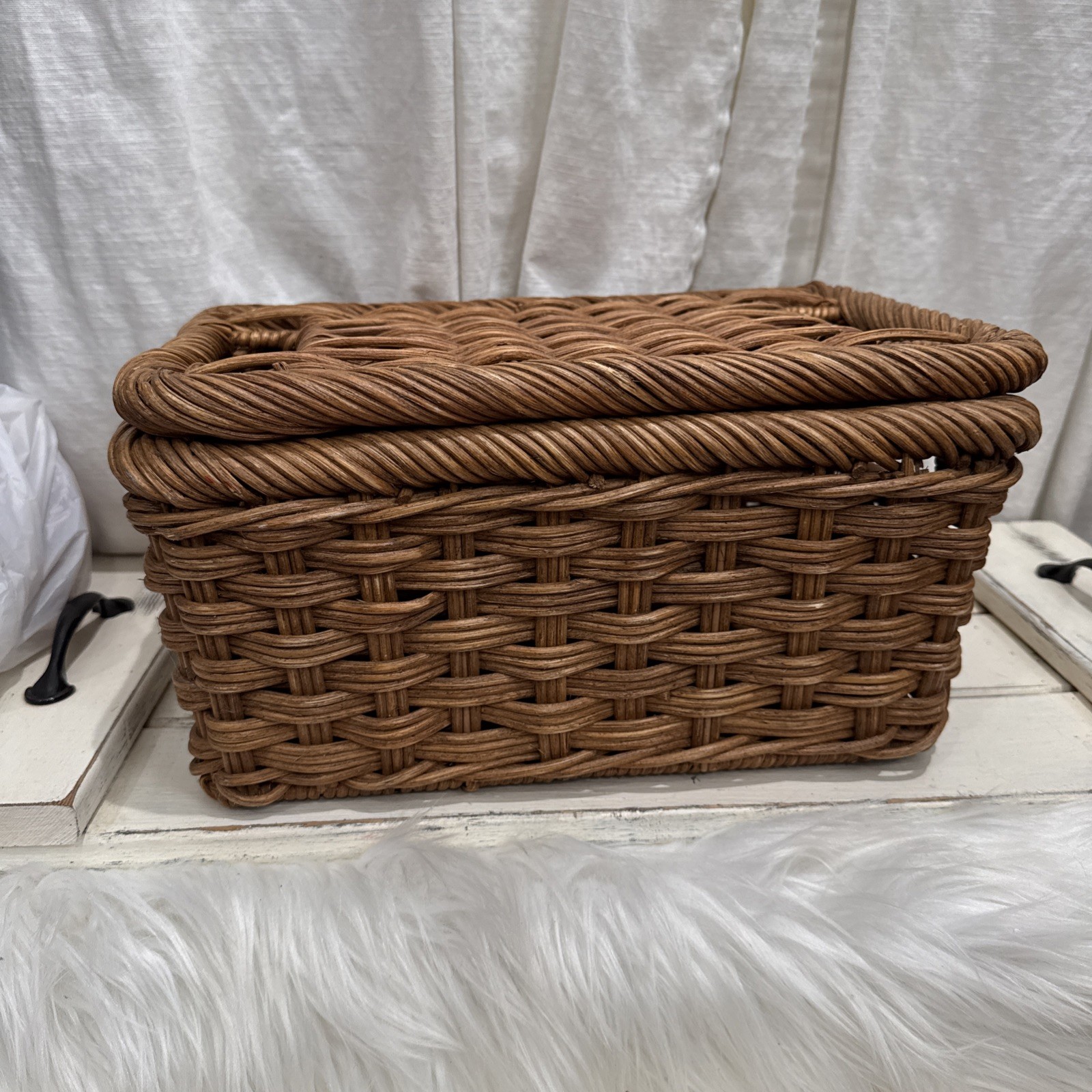 Hand Woven Wicker Rattan Storage Basket Lid Handle Holes Bin Box Organizer VTG