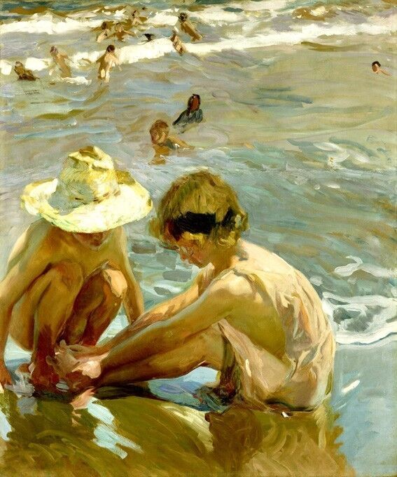 THE WOUNDED FOOT CHILDREN PLAYING ON THE BEACH PAINTING BY JOAQUIN SOROLLA REPRO