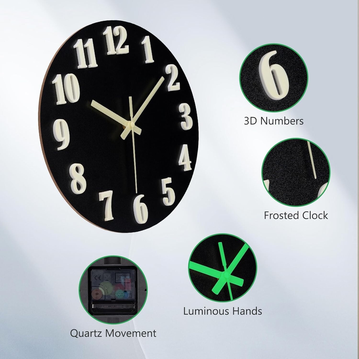 12” Wall Clock Large Luminous Quartz Night Light Glow In The Dark Silent Home