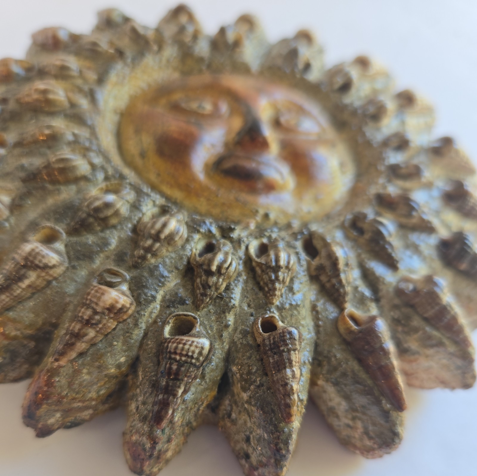 Heavy 5″ x1.5″ thick Ceramic / Clay Sun Face wall Hanging w Sea Shells unusual