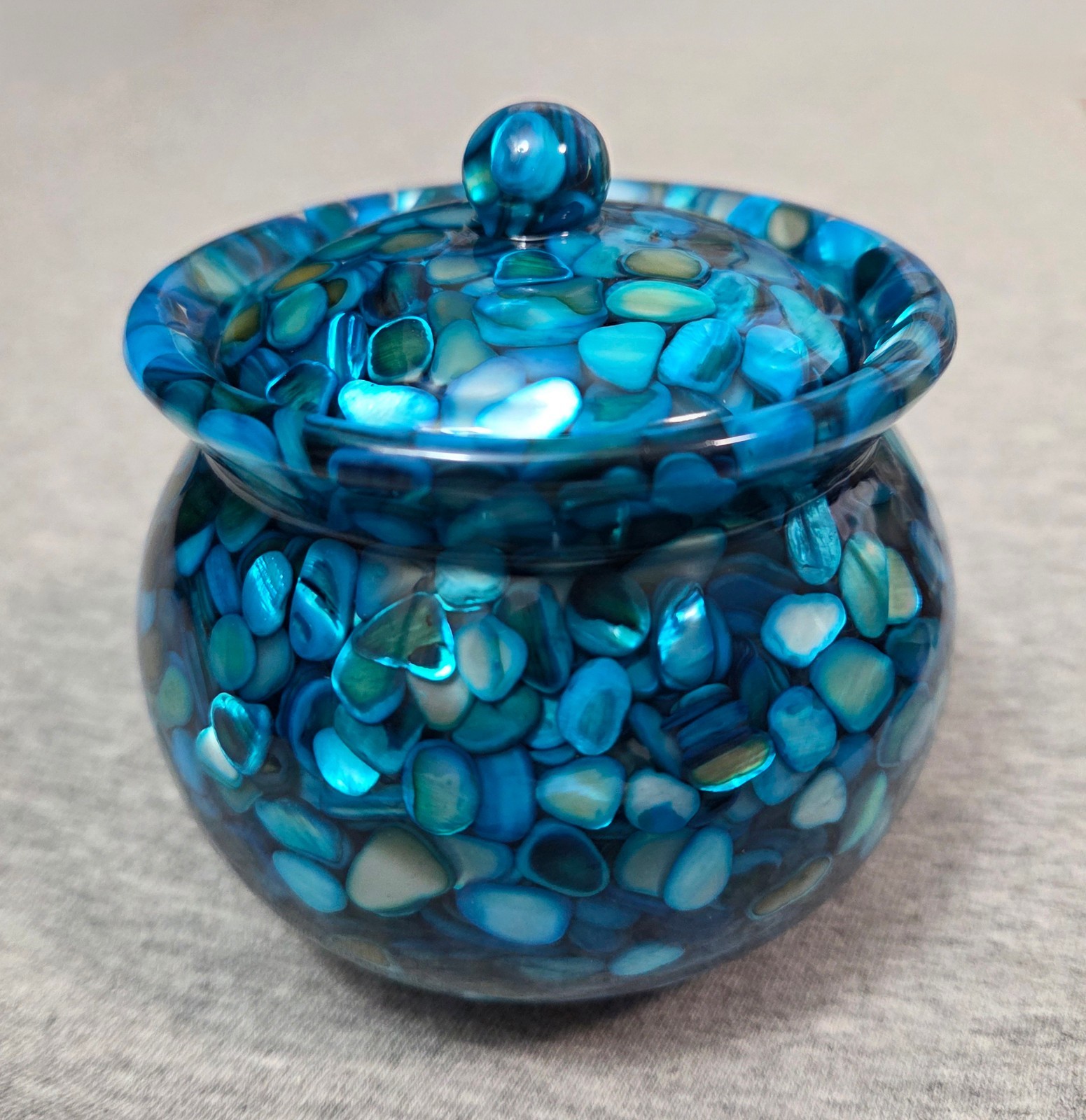 Unique Lidded Jar Handmade from Crushed Mother of Pearl Seashells