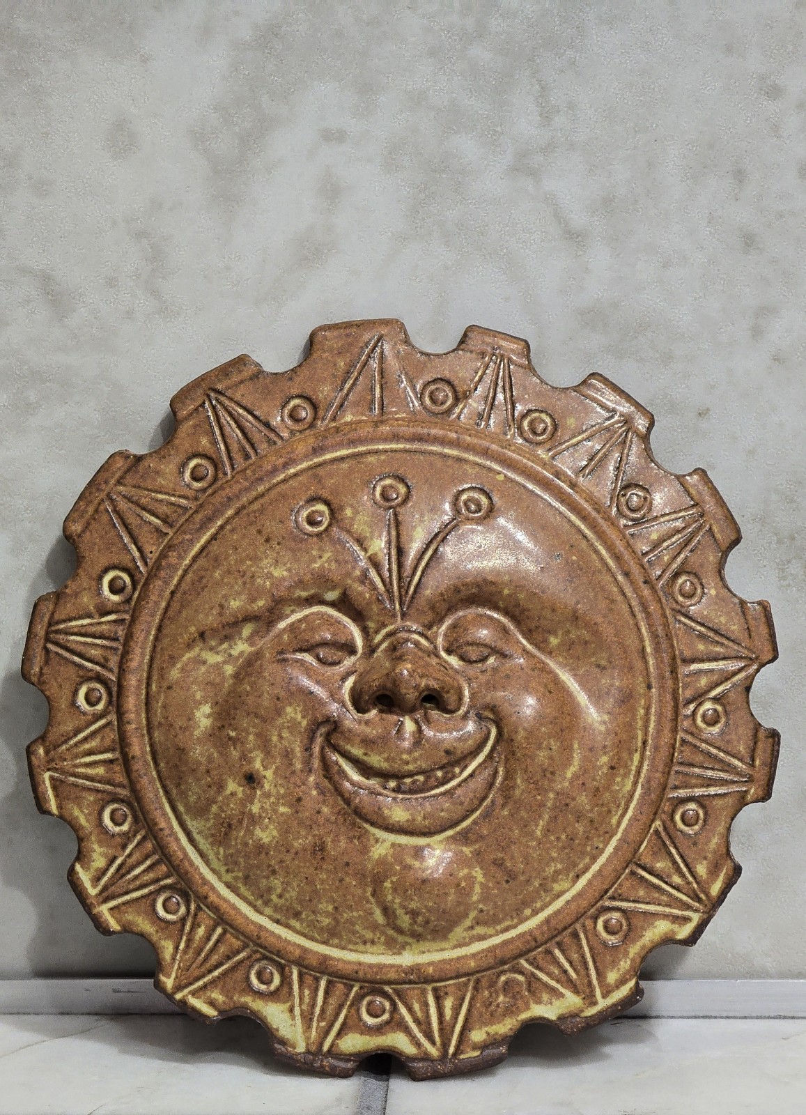 VTG Studio Pottery Sun Face Wall Plaque Signed JP Terracotta Style Wall Decor