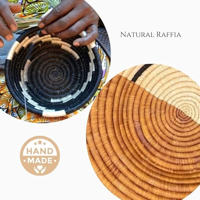 Handwoven Orange, Black, Natural Raffia Bowl – Various Sizes