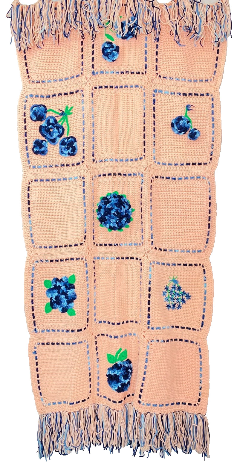 Vintage 1980s pink floral afghan blue embroidered peach throw blanket shawl wrap