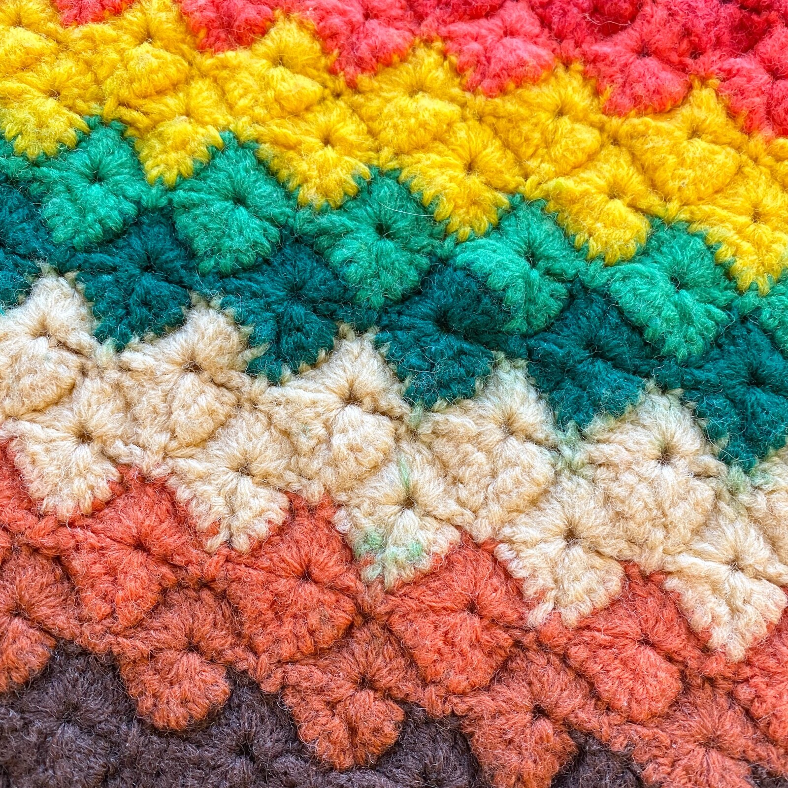 Vintage 70’s Crochet Throw Blanket Afghan Striped Brown Green Boho Granny 51×33