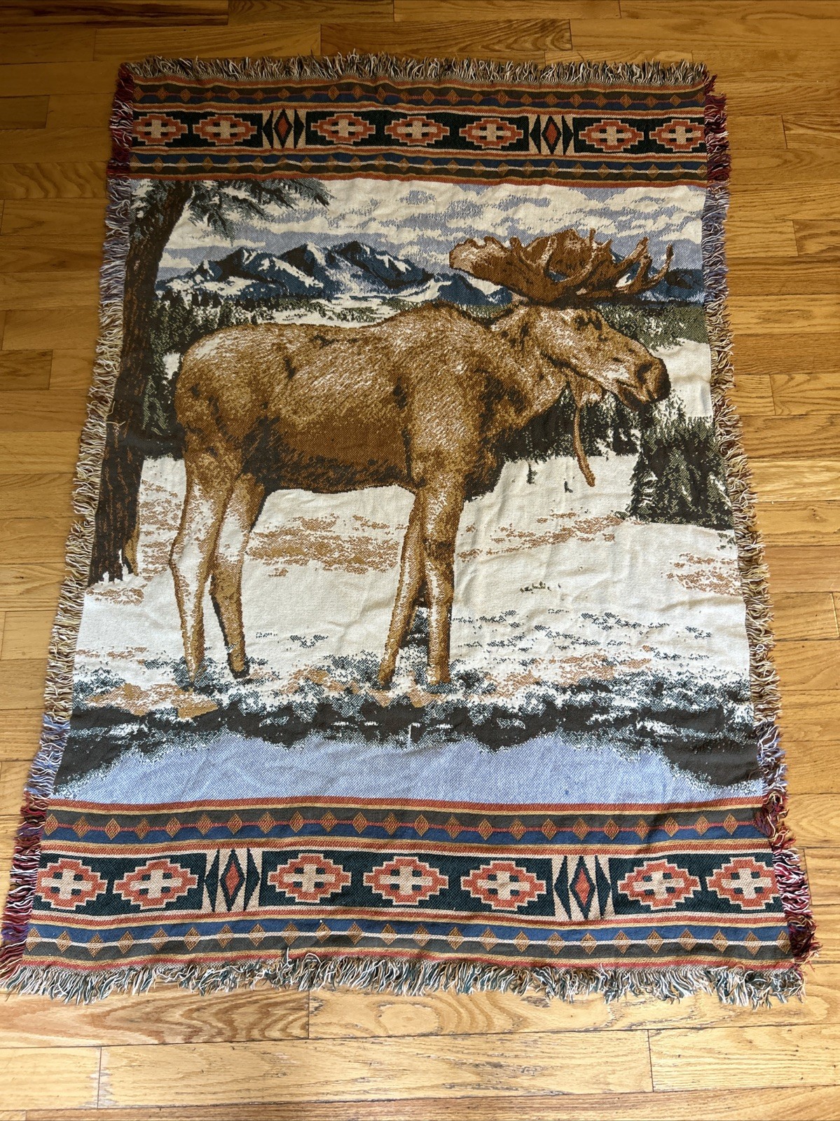 Moose Lake Alaska Woven Tapestry Afghan Fringed Throw Blanket 44×66 Rustic Cabin