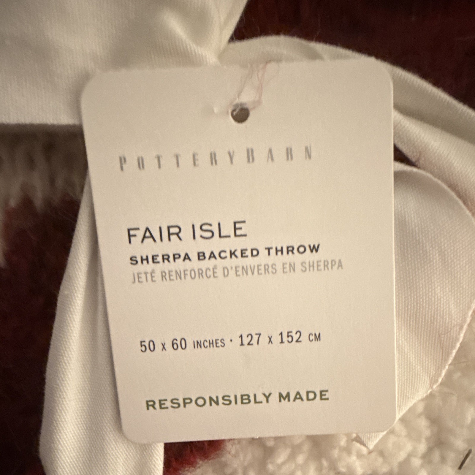 Pottery Barn Fair Isle Sherpa Backed Sofa Throw Blanket Red/White 50×60