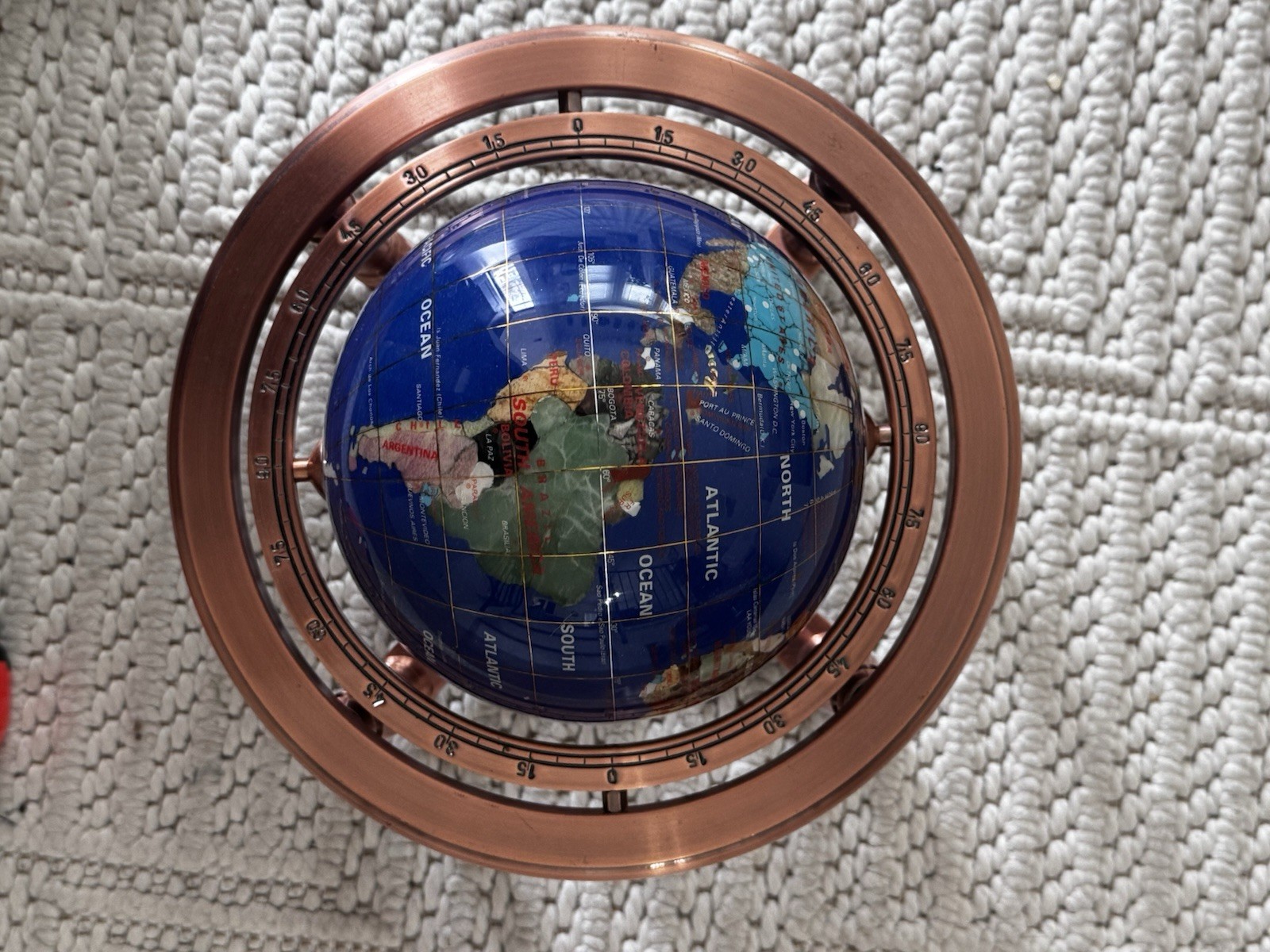 Semi-Precious Gemstone Globe 9” In Copper Tone Stand with Compass