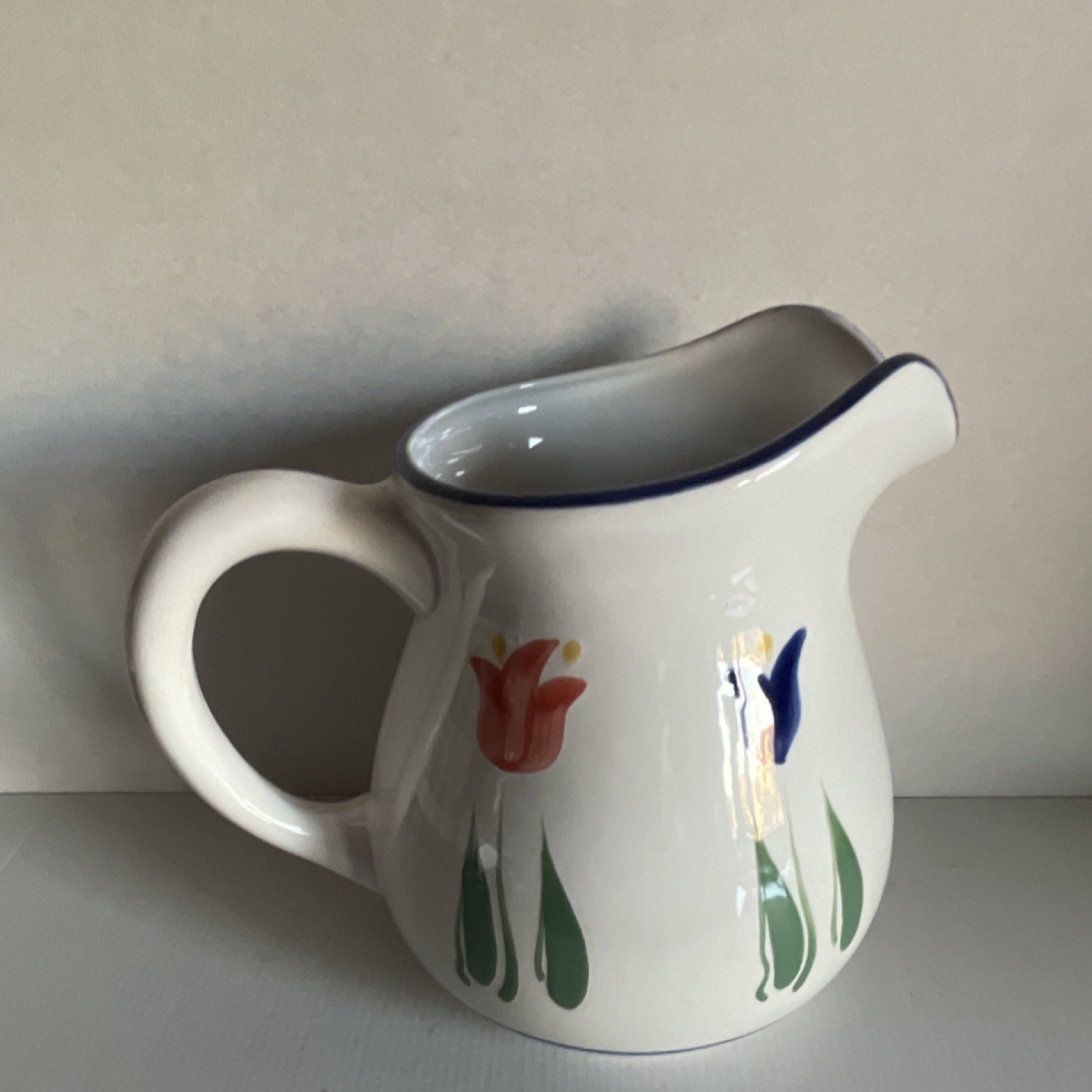 Dansk Floral Ceramic Pitcher – Hand‑Painted Tulip Design – Blue Rim – 8″ Vintage