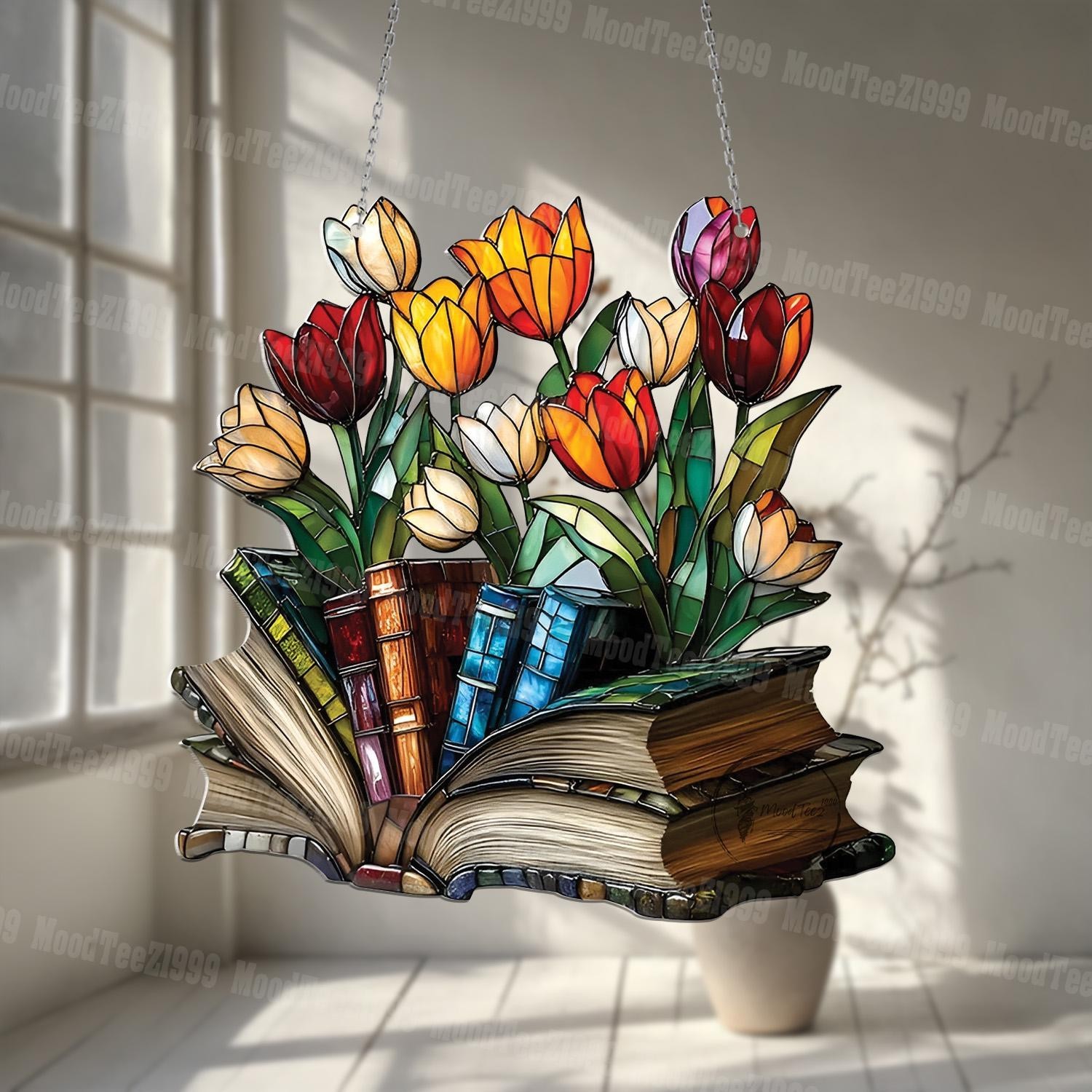 Tulip and Book Acrylic Window Hanging Literary-Inspired Vibrant Home Decor Gift